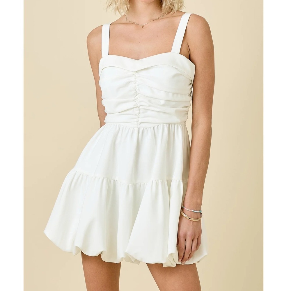 Idem Ditto Off White Ruched Bubble Hem Mini Dress H15223D Bridal Graduation tt